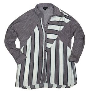Topshop Button Down Long Shirt Small  Textured Striped Side Slit Boho Cotton